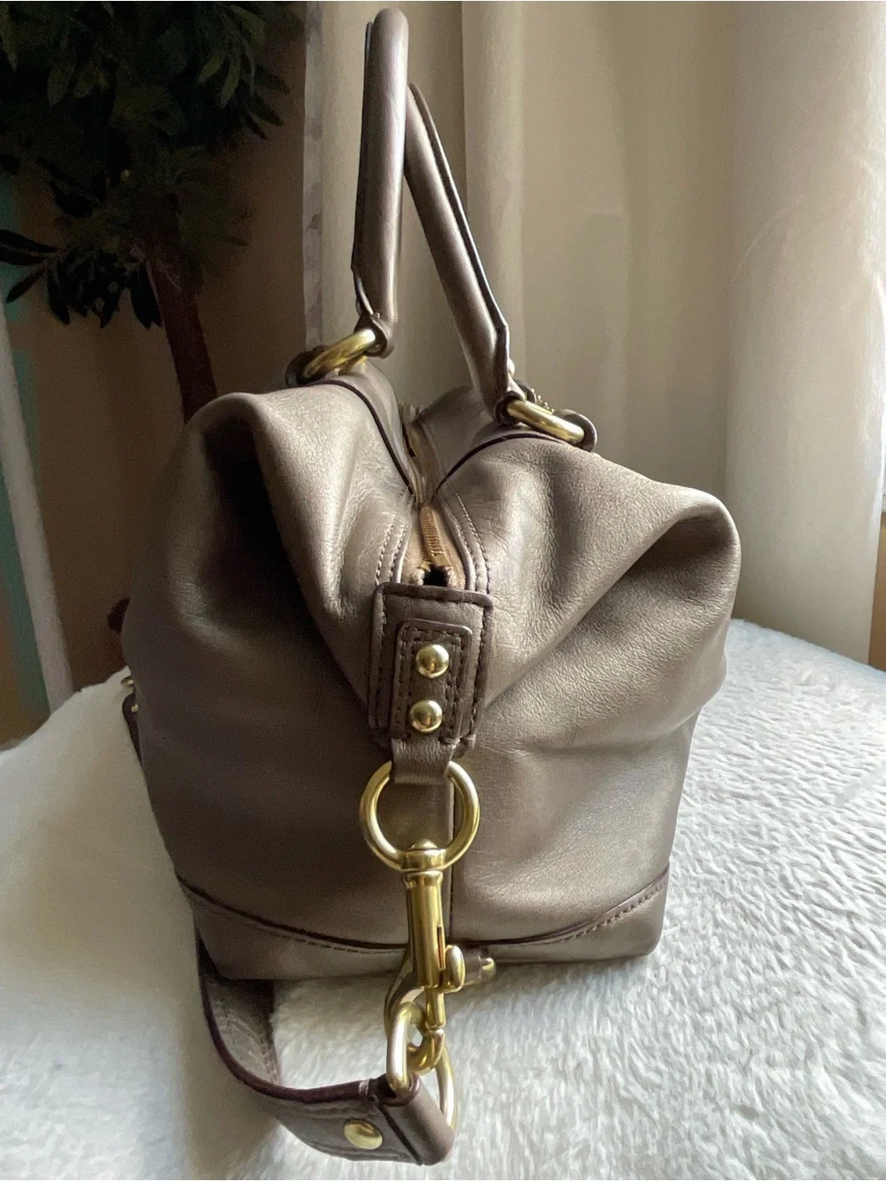 Coach Metallic Taupe Leather Satchel with Gold Hardware